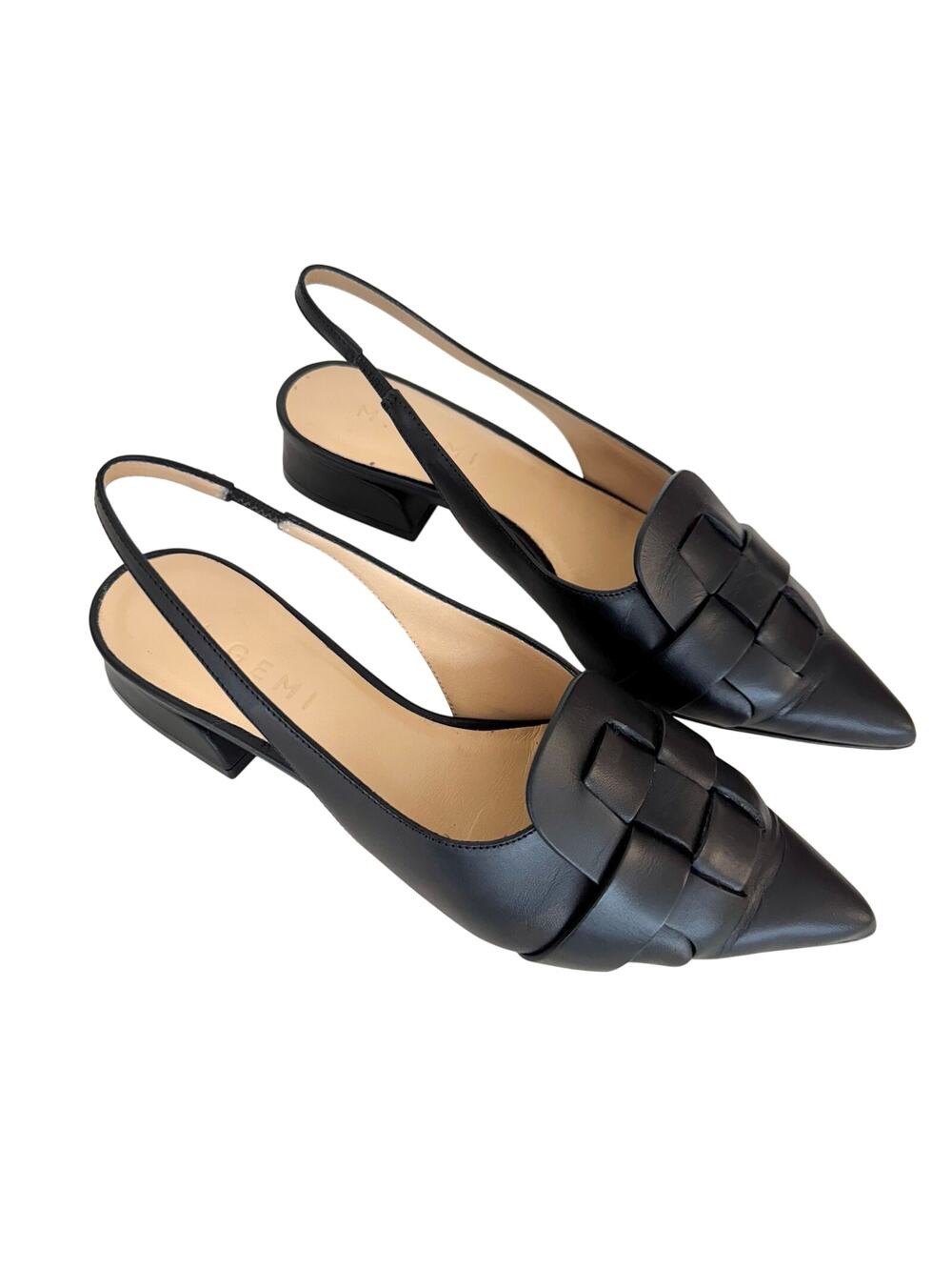 M. Gemi Woven Slingback Pointed Toe Kitten Heel Shoes Black Leather Size 36